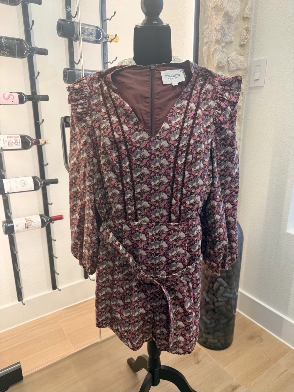 Hyacinth House Floral V-Neck Belted Mini Romper in Burgundy - Size S - NWOT